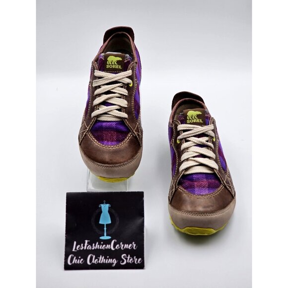Sorel Women's Purple & Brown Mackenzie Lined Leather Plaid Sneakers Sz 6 379 - Picture 2 of 16